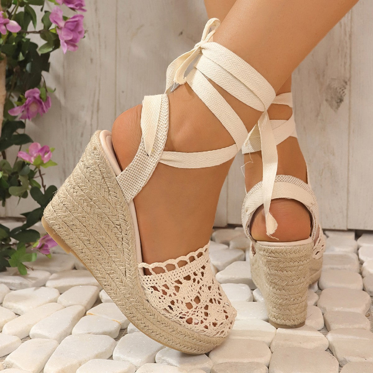 Women's Lace-Up Straw Woven Wedge High Heel Sandals