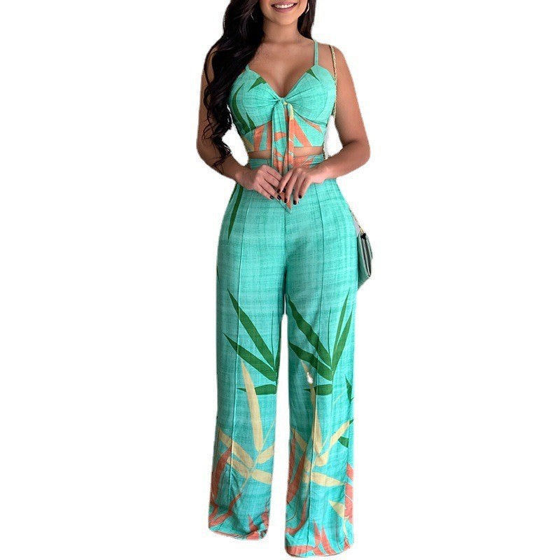 New Linen V-neck Short Vest High Waist Print Wide Leg Pants Two-piece Set