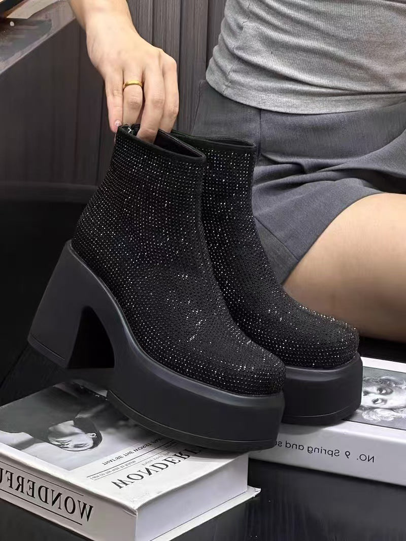 Starry Rhinestone Platform Chunky Heel Ankle Boots