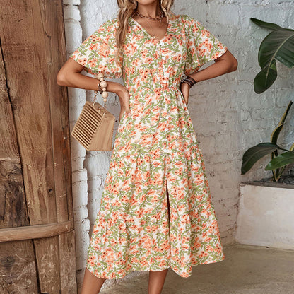 Women's Fashion Vintage Women's Floral V-neck Midi Dress