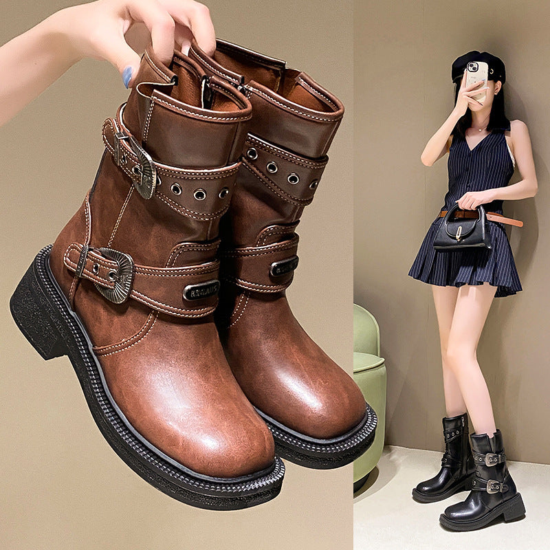 Brown Women's Retro Square Toe Ankle Boots