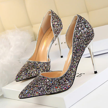 Skinny Women's Stiletto Heels with Pointed Toe, Side Hollow-out, and Sequin Accents