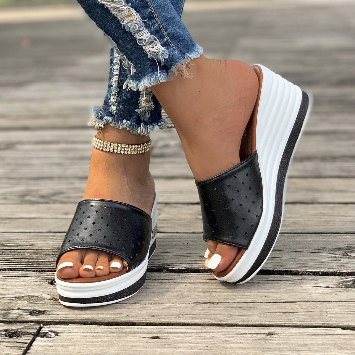 Summer Fashion Fish Mouth Wedge Sandals: Stylish Hollow Design High Heel Slides