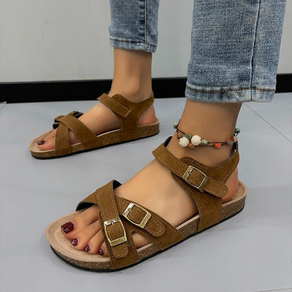 Women's Large Size Flat Bottom Casual Slippers with Belt Buckle Cross Straps