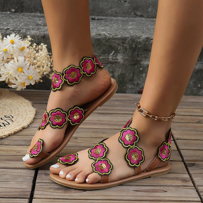 Summer Vacation Casual Clip Toe Beach Shoes for Women with Ethnic Style Flowers