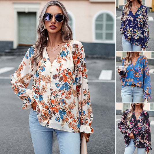 Women's Casual  Floral Print V Neck Long Sleeve Loose Chiffon Blouses Shirts  Tops