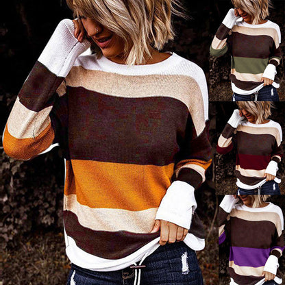 Women's Loose Crew Neck T-Shirt with Colorful Stripes