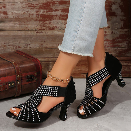 Spring and Summer Rhinestone High-Heeled Peep Toe Sandals