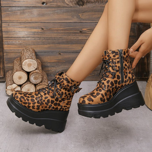 Plus Size Leopard Print Platform Height-Increasing Martin Boots