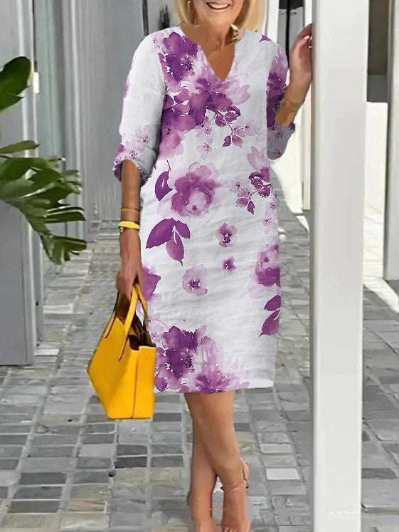 V Neck Long Sleeved Digital Printed Dress