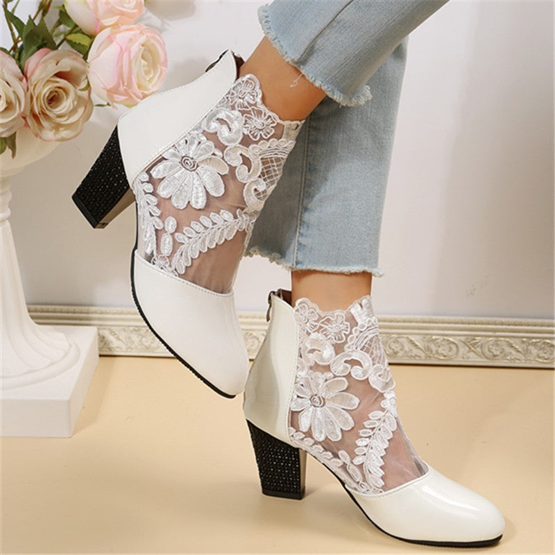 Women's Lace Mesh Chunky Heel Sandals - Stylish and Comfortable Footwear