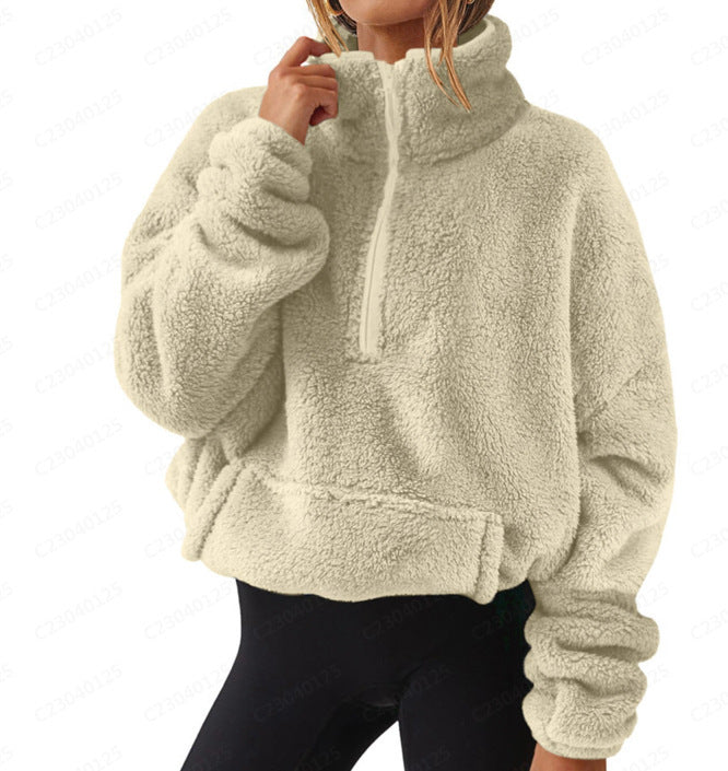 Velvet Fleece-Lined Half Zip Stand Collar Sweater for Women