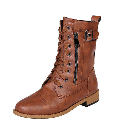 Women's Solid Color Lace-Up Low Heel Mid-Calf Boots