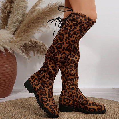 Leopard Over-the-Knee Boots Fashionable High-Tube Socks, Winter Chunky Heel Long Boots