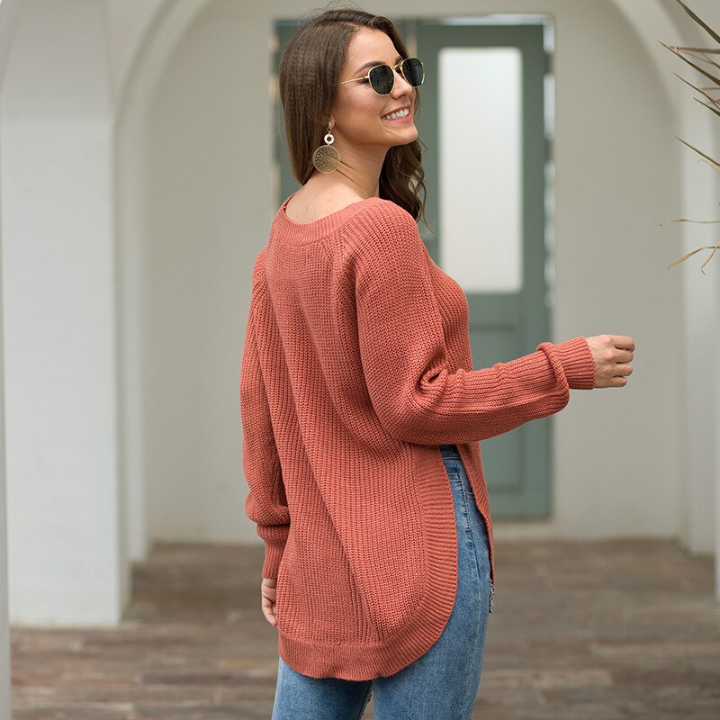 Split Round Neck Long Sleeve Sweater Pullover - Cozy and Stylish