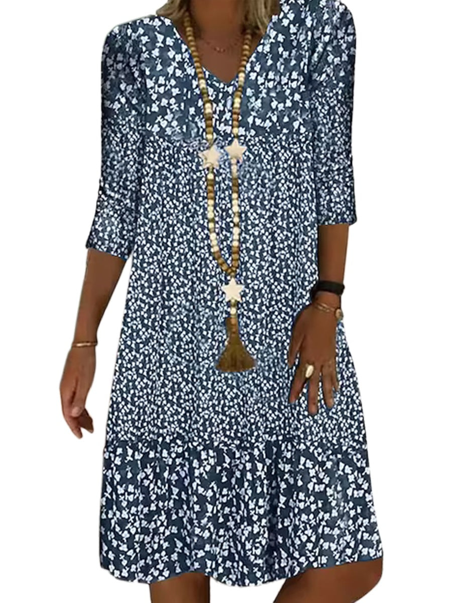 Printed V-neck Mid-length Dress Women