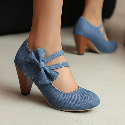 Round Toe High Heels with Denim Bow