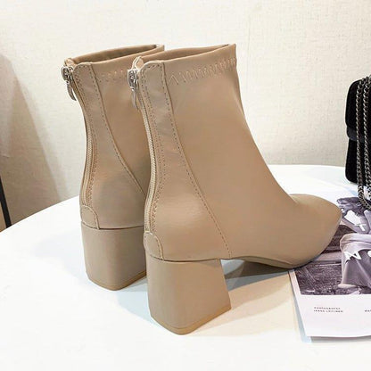 European and American Style Square-Toe Back-Zip Short Boots for Women