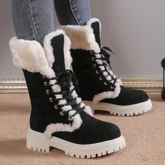 Winter Lace-Up Snow Boots for Women – Mid-Tube, Fleece Lined, Warm Chunky Heel Plush Boots