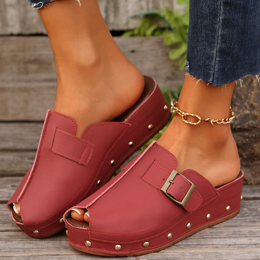 Summer Fish Mouth Wedge Sandals for Women with Rivet Buckle – Thick Bottom Non-Slip Outdoor Slippers