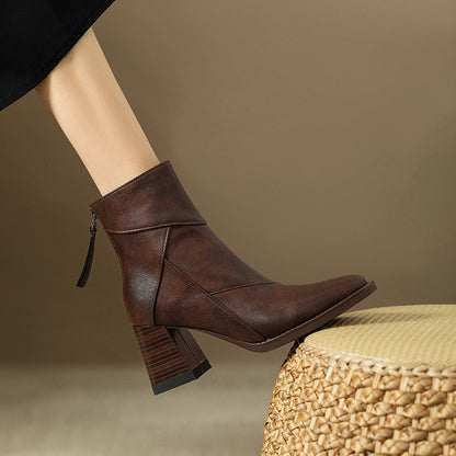 Women's Retro Brown British Style Chunky Heel Boots