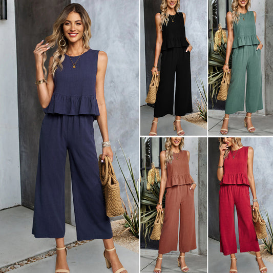 Women's Sleeveless Shirt Wide Leg Cotton And Linen Cropped Pants Set