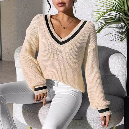 Women's Casual Loose-Fit V-Neck Contrast Color Sweater