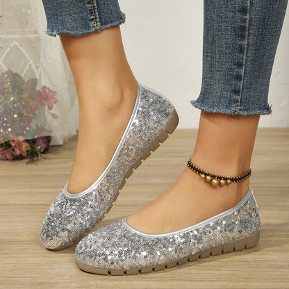 Round Head Shallow Mouth Sequin Flat Bottom Pumps for Women in Large Size