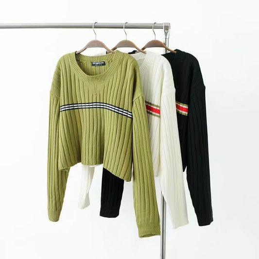 Retro Colorblock Knit Sweater - Loose Fit, Long Sleeves