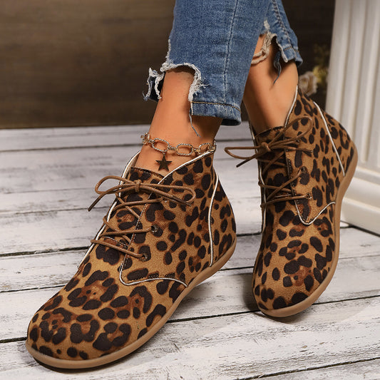 New Lace-up Leopard Print Flat Casual Boots