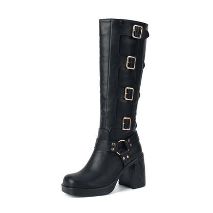 Square Toe Platform Martin Boots with Thick High Heels and Belt Buckle