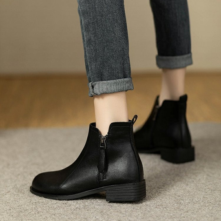 British Soft Leather Round Toe Short Boots with Side Zipper