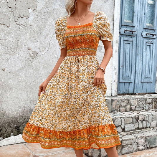 Bohemian Square-Collar Dress with Puff Sleeves & Printed Pattern - Women