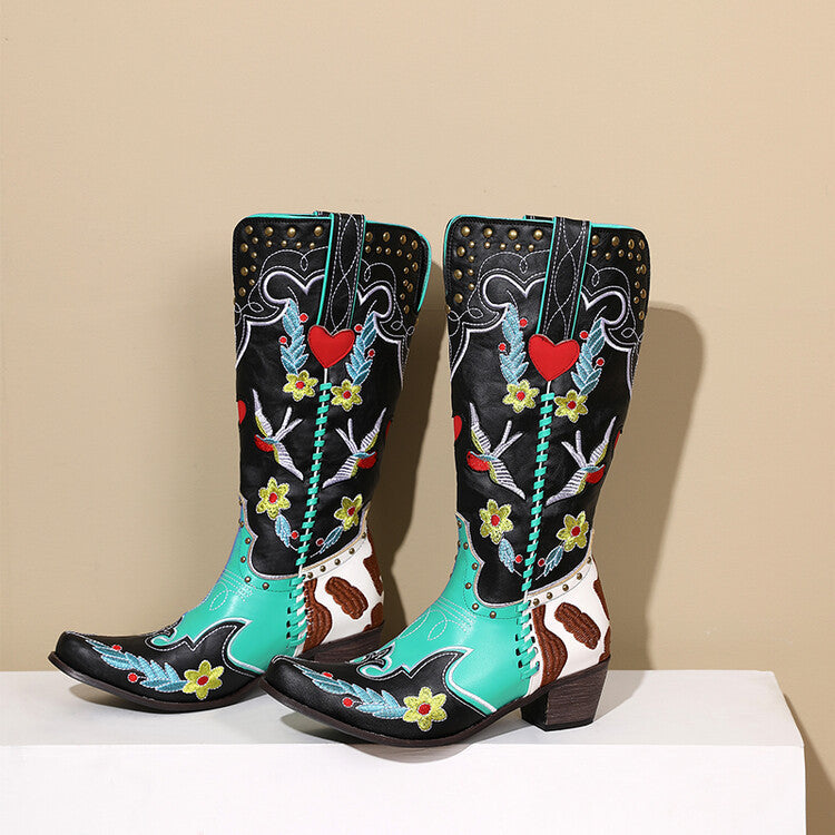 Women's Denim Western Leather Boots with Exquisite Embroidery