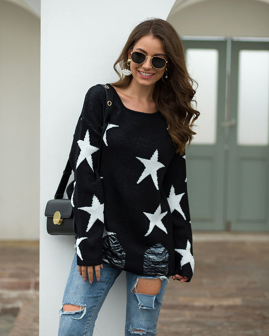 Stylish Ripped Pullover Sweater with Five-pointed Star Design