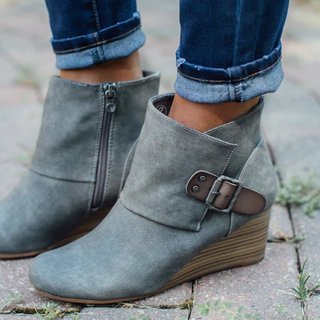 Platform Wedge Heel Ankle Boots with Side Zipper and Buckle