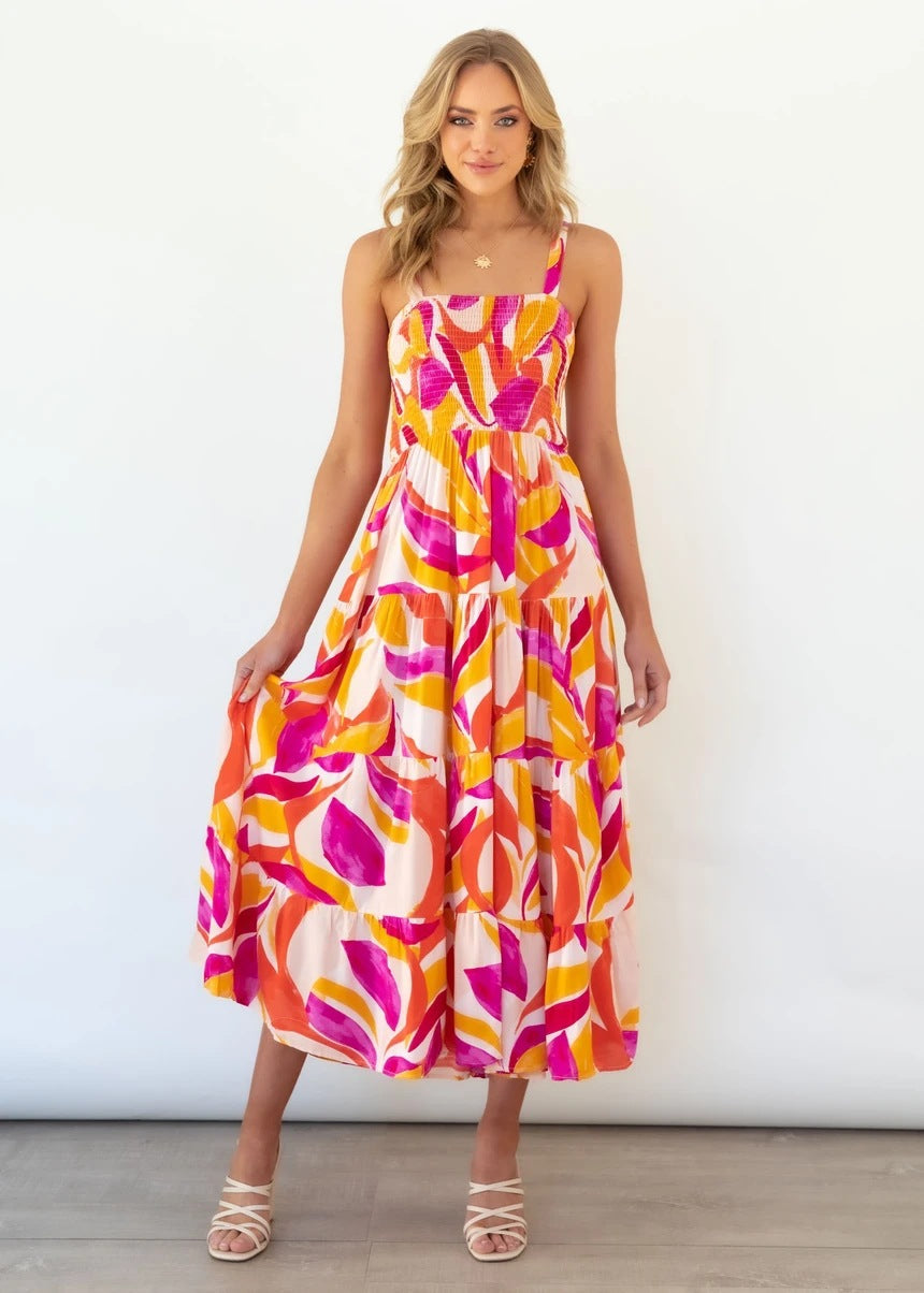 Floral Print Pleated Dress with Sexy Spaghetti Straps