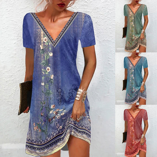 Casual V-neck Short Sleeve Dress with Printed Design