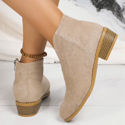 Fashion Suede V-Cut Ankle Boots with Side Zipper and Round Toe