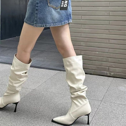 European and American Style Pointed Toe Pleated High Boots