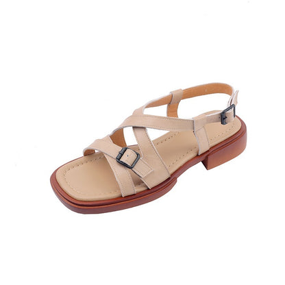 Retro Cross Strap Genuine Leather Open Toe Sandals – Stylish Low Heel Roman Style Beach Shoes