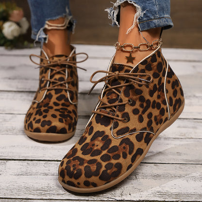 New Lace-up Leopard Print Flat Casual Boots