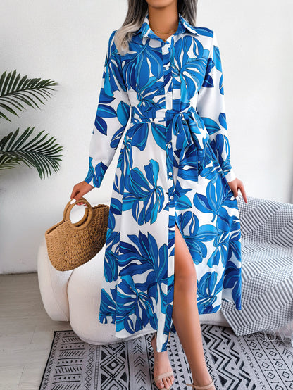 Contrast Color Flower Lapel Tied Shirt Dress Long Skirt