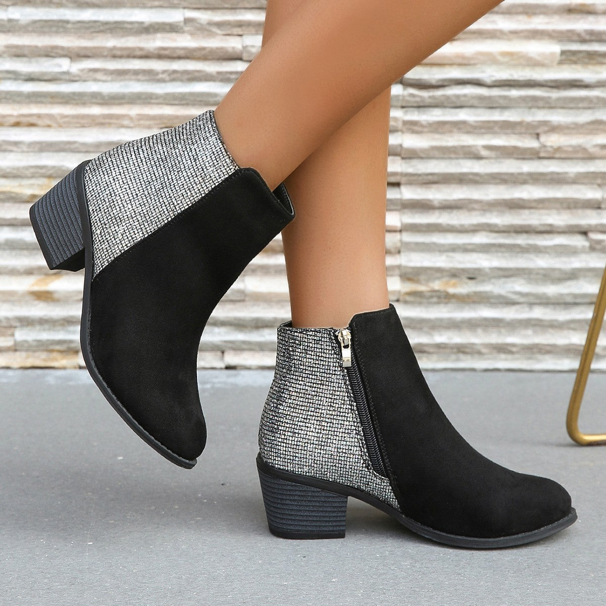 Women's Color-Blocking Sequin Chunky Heel Short Boots with Side Zipper – Plus Size