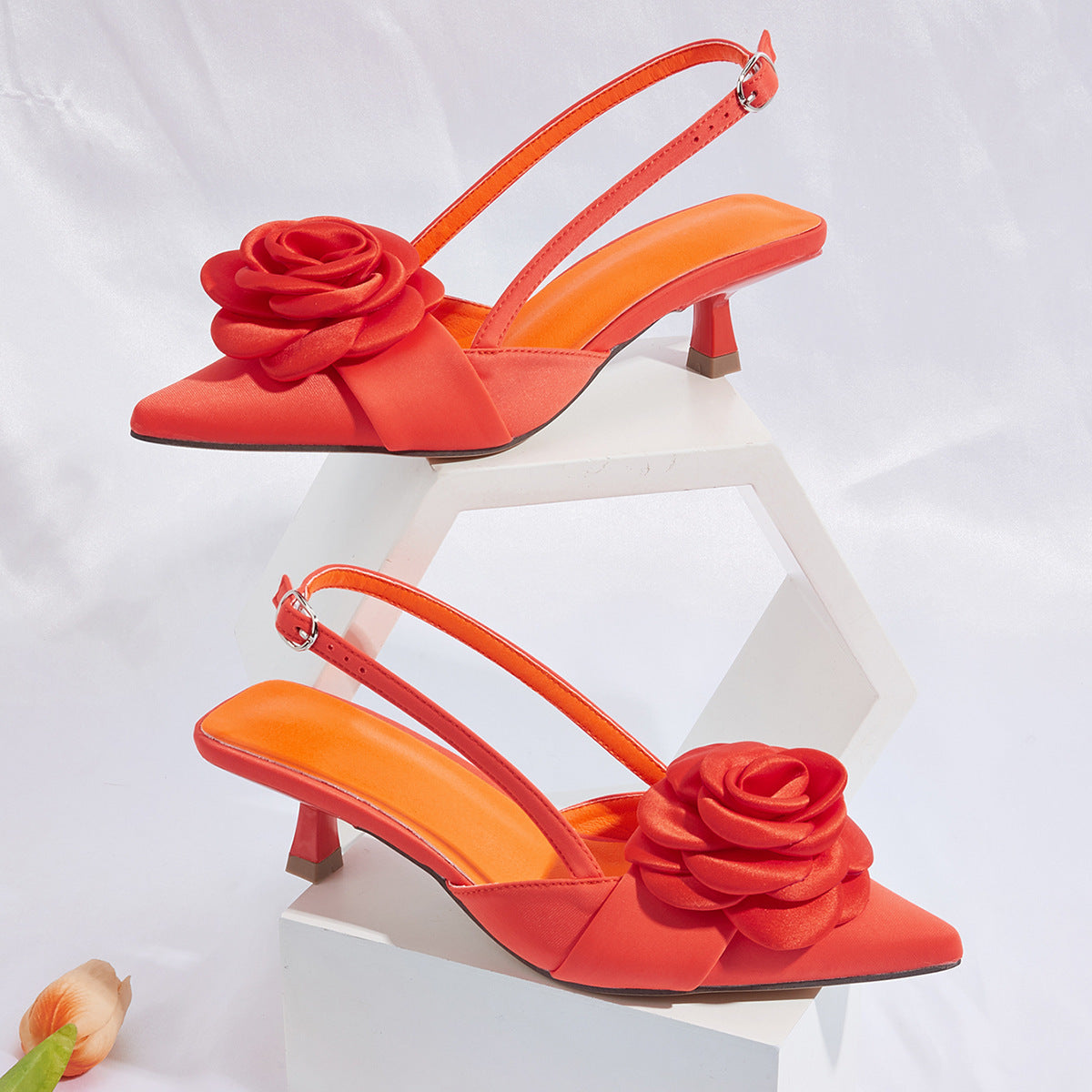 Women's Elegant Closed Toe Kitten Heel Shoes with Three-Dimensional Flower Decoration