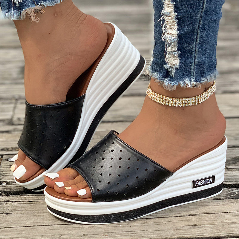 Summer Fashion Fish Mouth Wedge Sandals: Stylish Hollow Design High Heel Slides