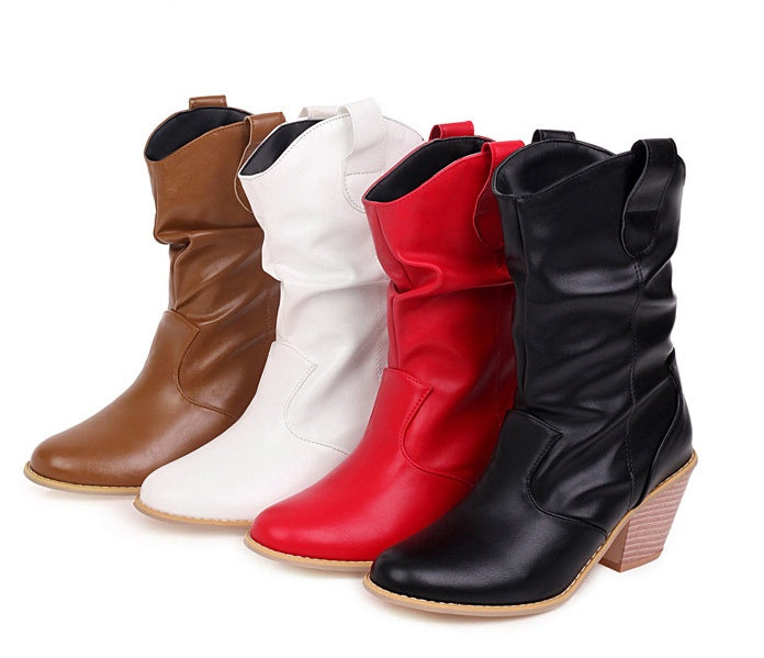 Wood Grain Thick High-Heeled Boots for Women: Autumn and Winter Style