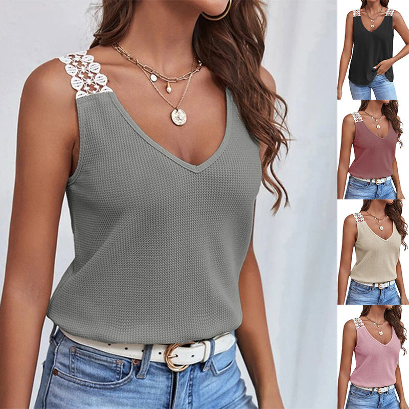 Waffle V-Neck Vest Sleeveless Lace Tank Shirt Tops