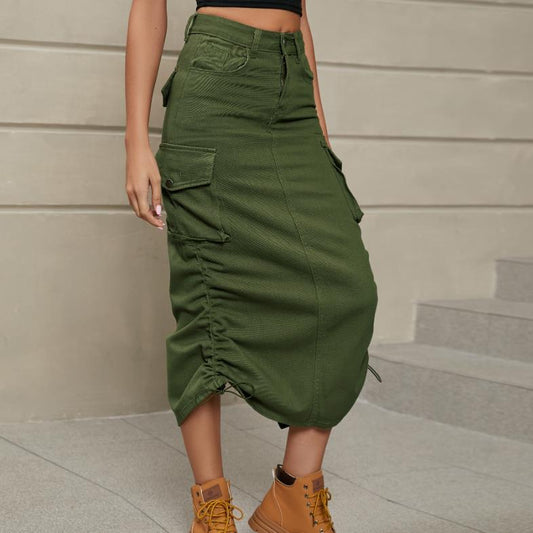 Women's Cargo Long Skirt Casual Streetwear Loose High Waist Front Split Maxi Skirt With Pocket Women's Cargo Long Skirts High Waisted Pencil Skirt Midi Length Jean Skirt With Cargo Pockets