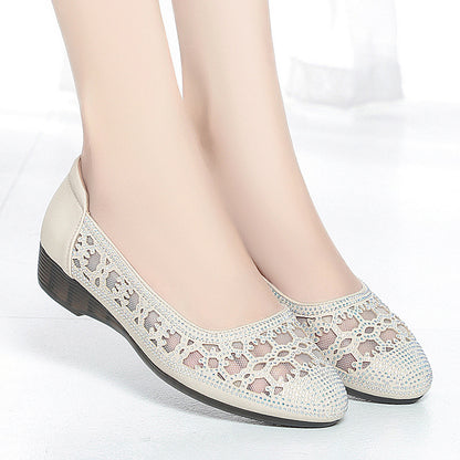 Women's Leather Low Heel Sandals with Perforated Design for Breathability